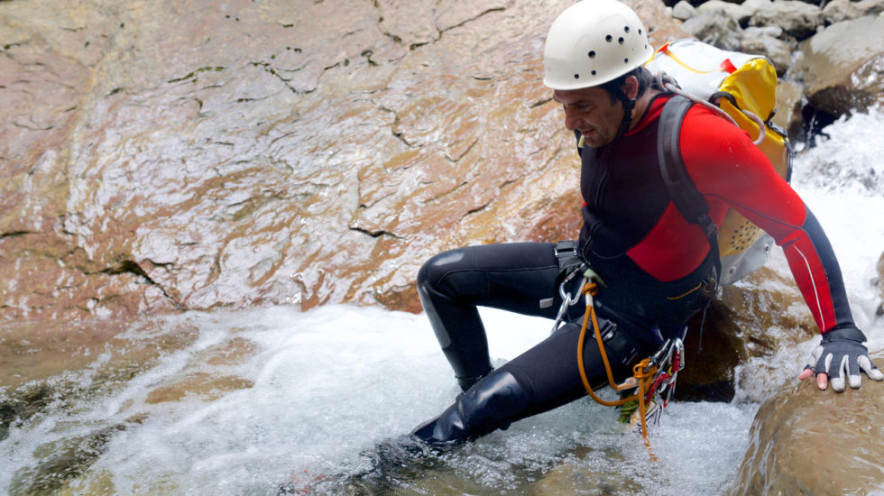 Canyoning In Gorgol Canyon, Tena Valley, Pyrenees, Huesca Province, Aragon, Spain.